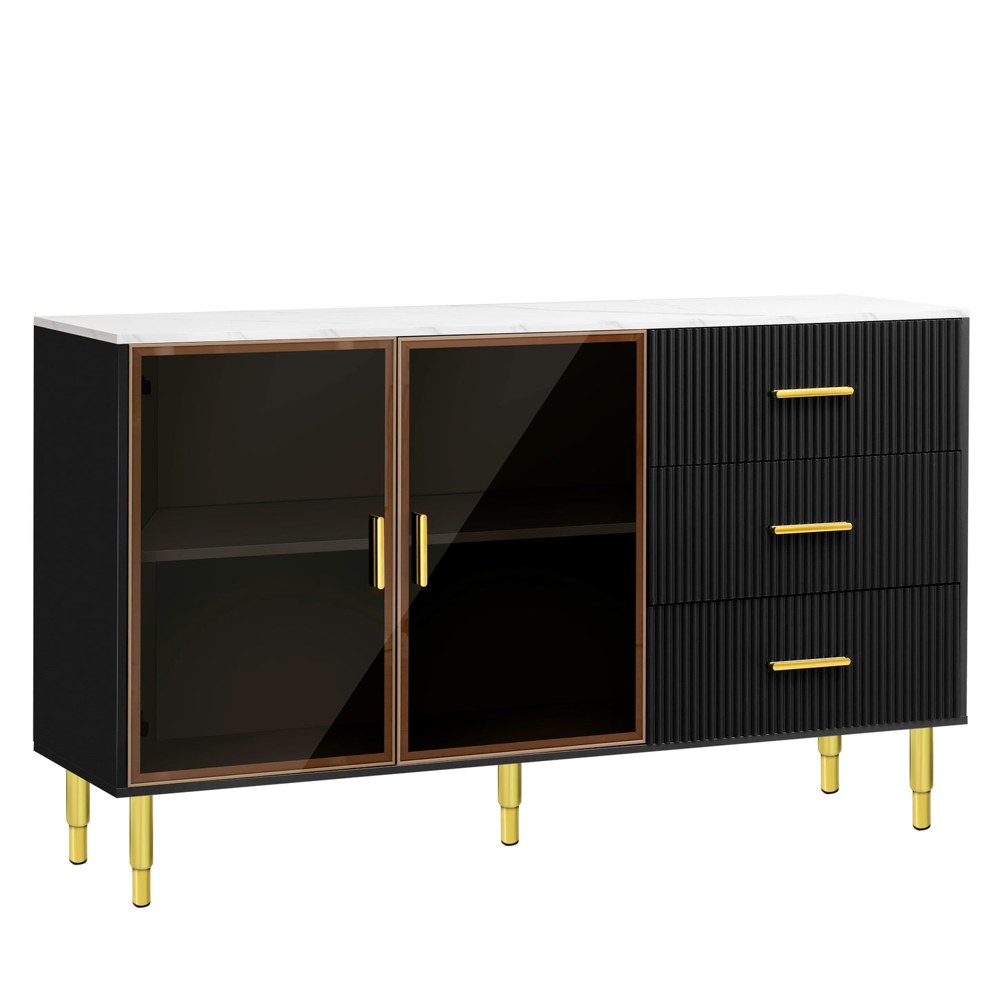 TREXM Modern Sideboard MDF Buffet Cabinet Marble Sticker Tabletop and Amber-yellow Tempered Glass Doors with Gold Metal Legs & Handles (Black)