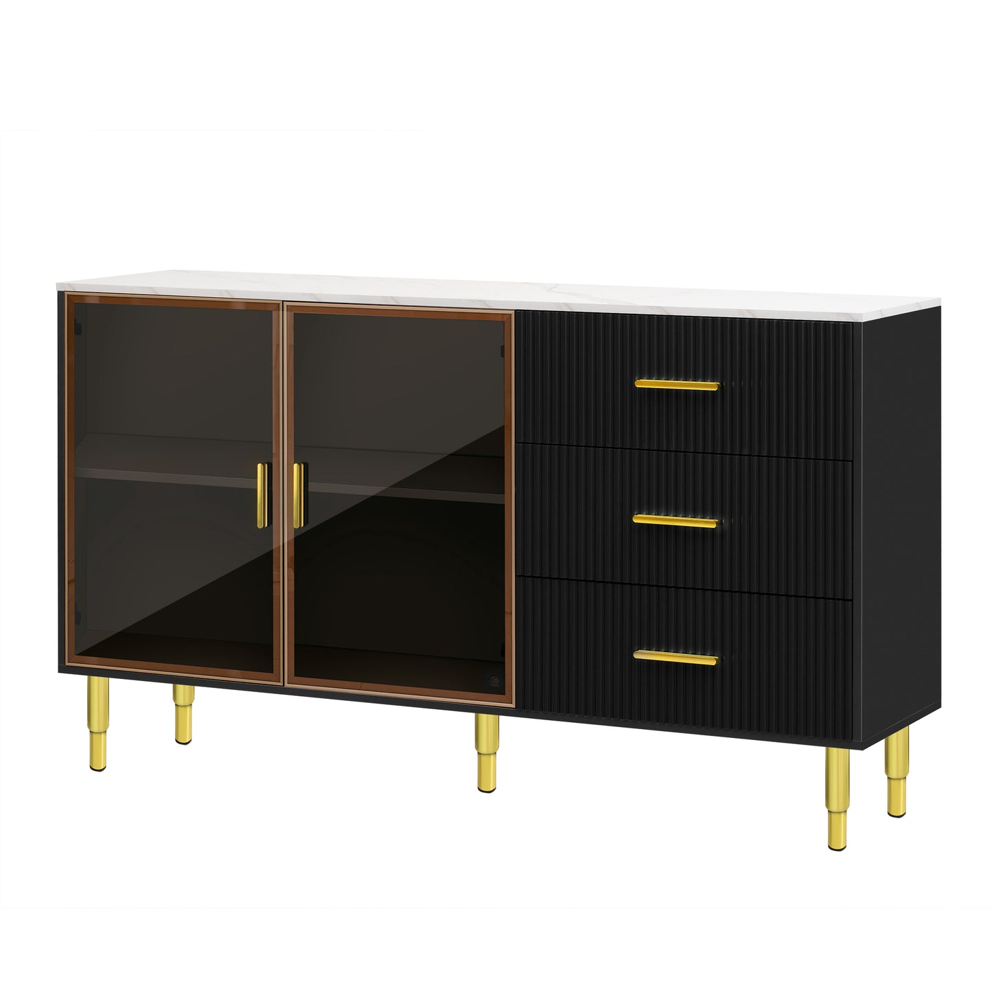 TREXM Modern Sideboard MDF Buffet Cabinet Marble Sticker Tabletop and Amber-yellow Tempered Glass Doors with Gold Metal Legs & Handles (Black)