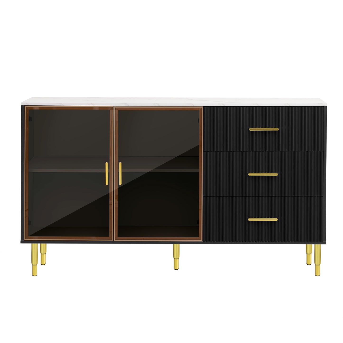 TREXM Modern Sideboard MDF Buffet Cabinet Marble Sticker Tabletop and Amber-yellow Tempered Glass Doors with Gold Metal Legs & Handles (Black)