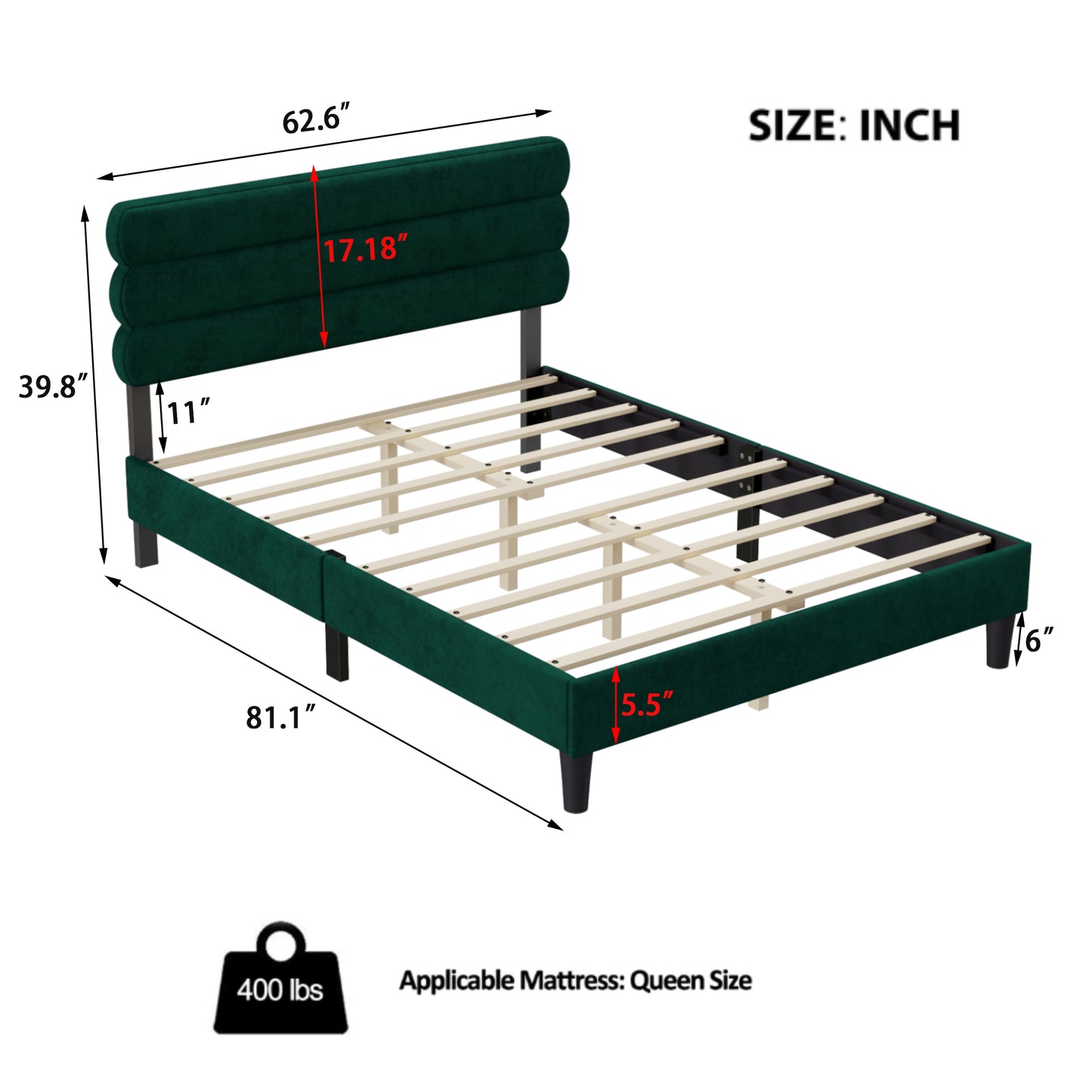 Queen Bed Frame with Headboard,Sturdy Platform Bed with Wooden Slats Support,No Box Spring,Mattress Foundation,Easy Assembly Green