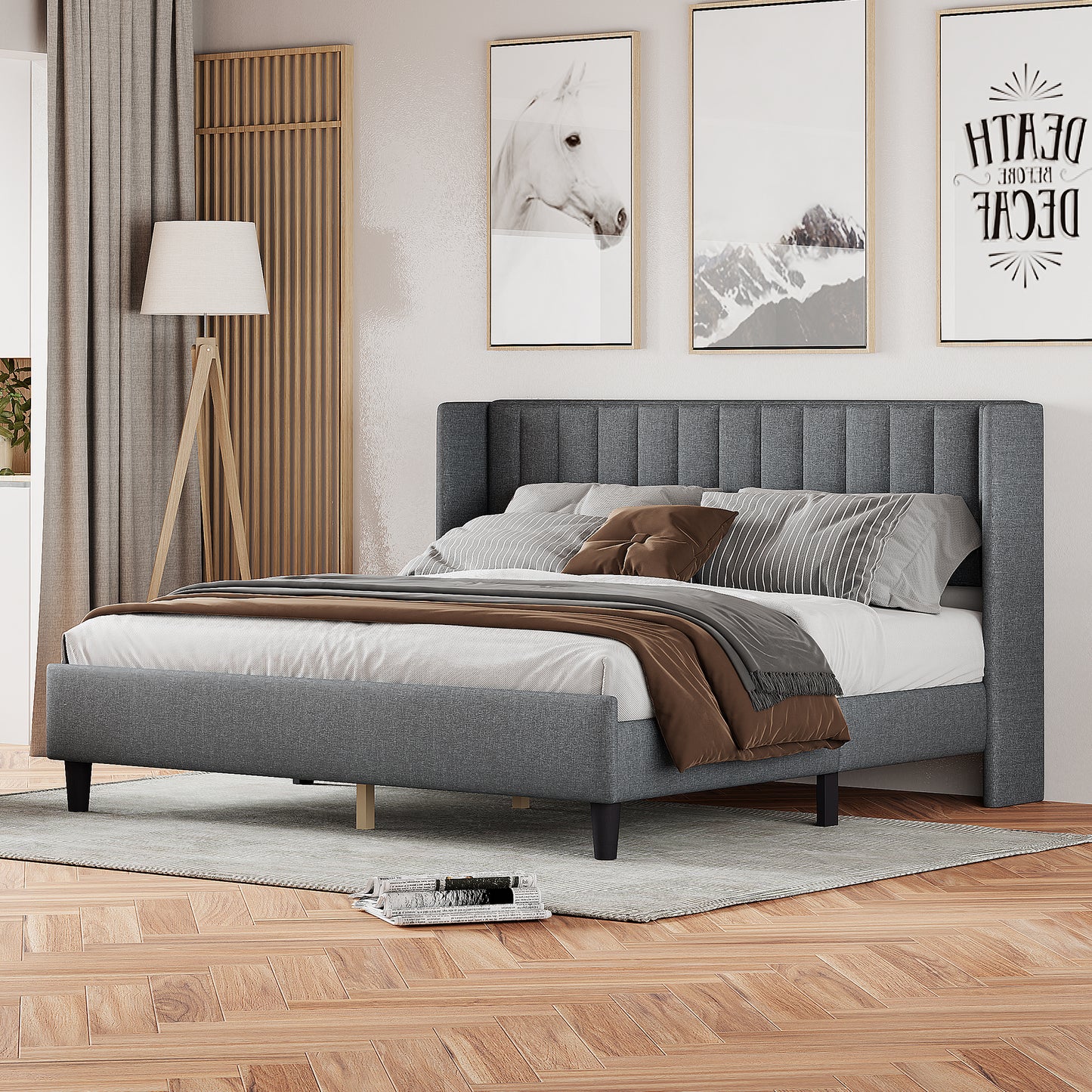 King size Upholstered Platform Bed Frame with Headboard, Mattress Foundation, Wood Slat Support, Quiet, no Box Spring Needed, Easy to Assemble Light Grey