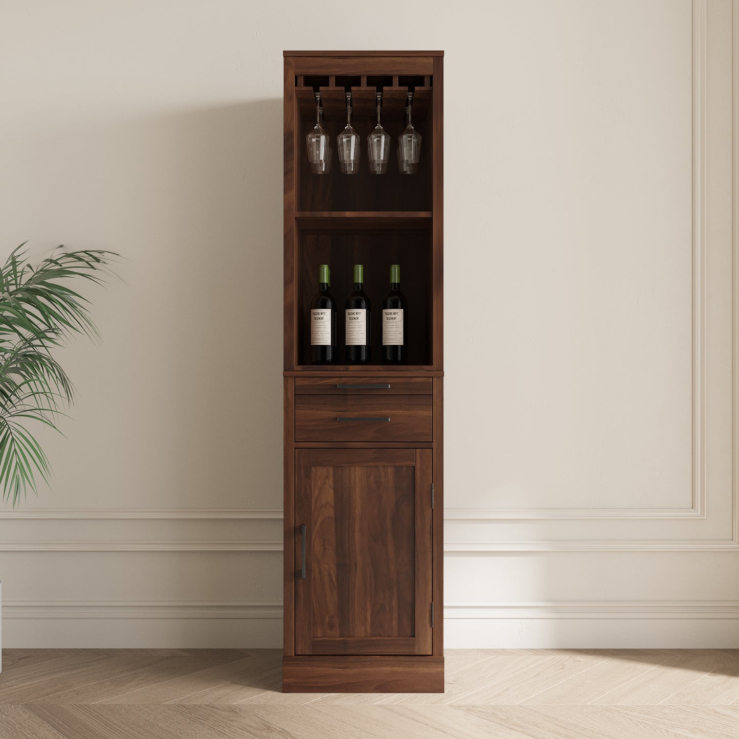 Brown walnut color modular wine bar Cabinet with Storage Shelves with Hutch for Dining Room