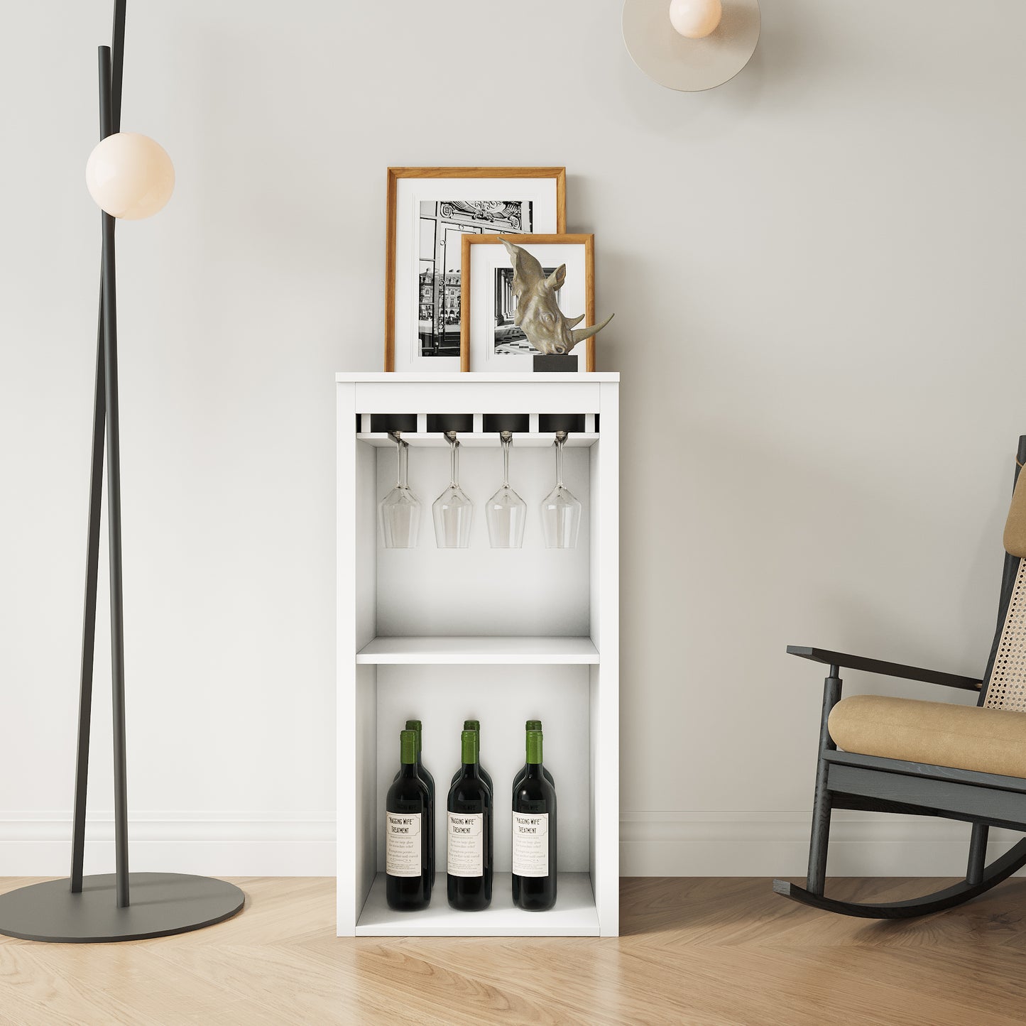 Brown walnut color modular wine bar Cabinet with Storage Shelves with Hutch for Dining Room