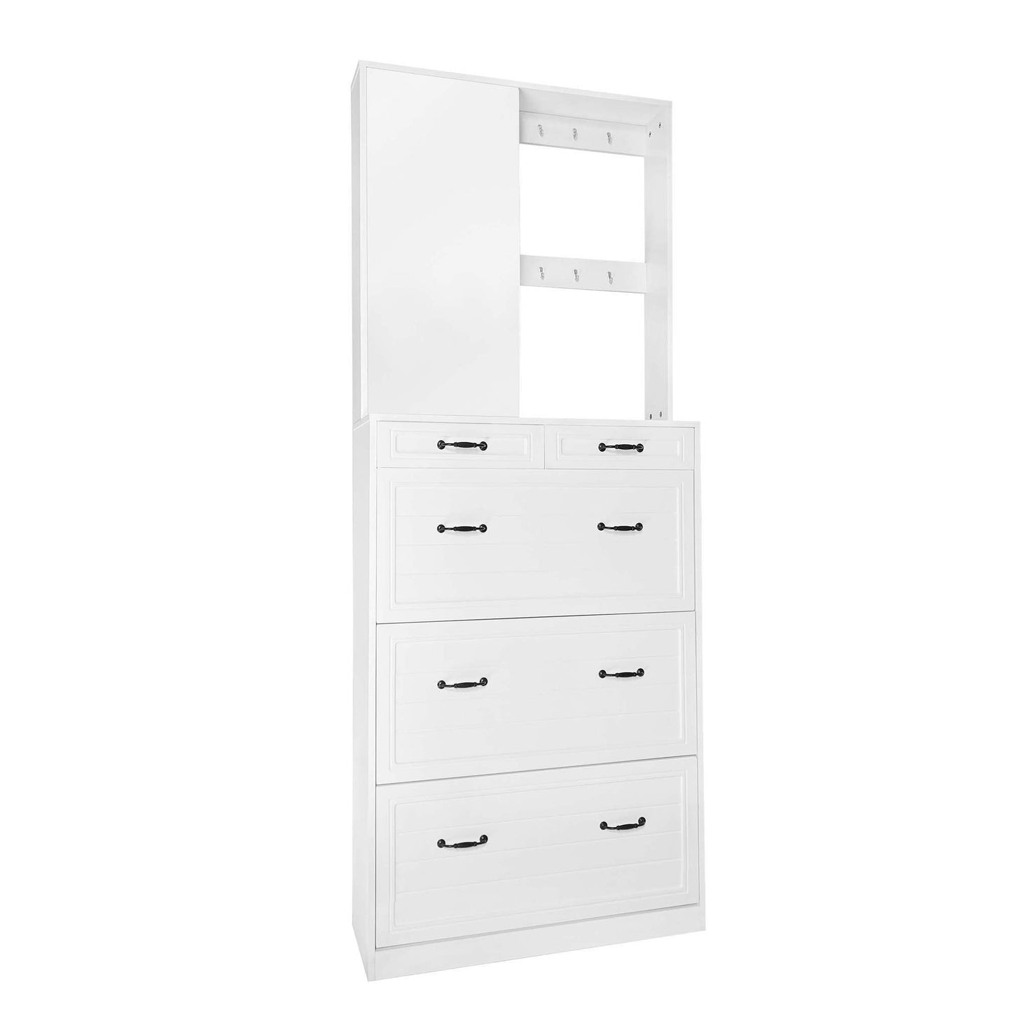 （缺货）ON-TREND Multi-functional Shoe Cabinet with 3 Flip Drawers, Elegant Hall Tree with Mirror, Freestanding Entryway Organizer Shoe Rack with 6 Hanging Hooks for Hallway, White