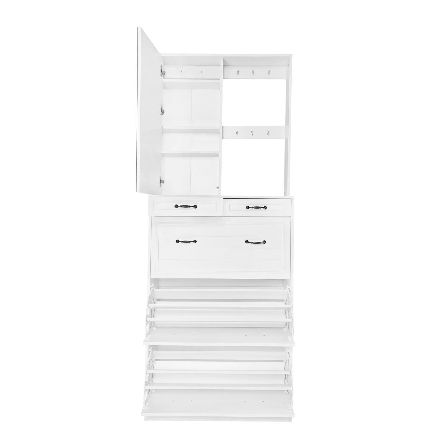 （缺货）ON-TREND Multi-functional Shoe Cabinet with 3 Flip Drawers, Elegant Hall Tree with Mirror, Freestanding Entryway Organizer Shoe Rack with 6 Hanging Hooks for Hallway, White