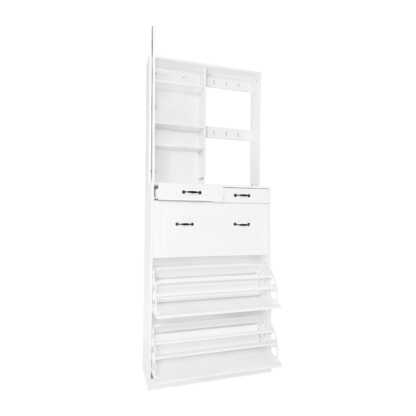 （缺货）ON-TREND Multi-functional Shoe Cabinet with 3 Flip Drawers, Elegant Hall Tree with Mirror, Freestanding Entryway Organizer Shoe Rack with 6 Hanging Hooks for Hallway, White