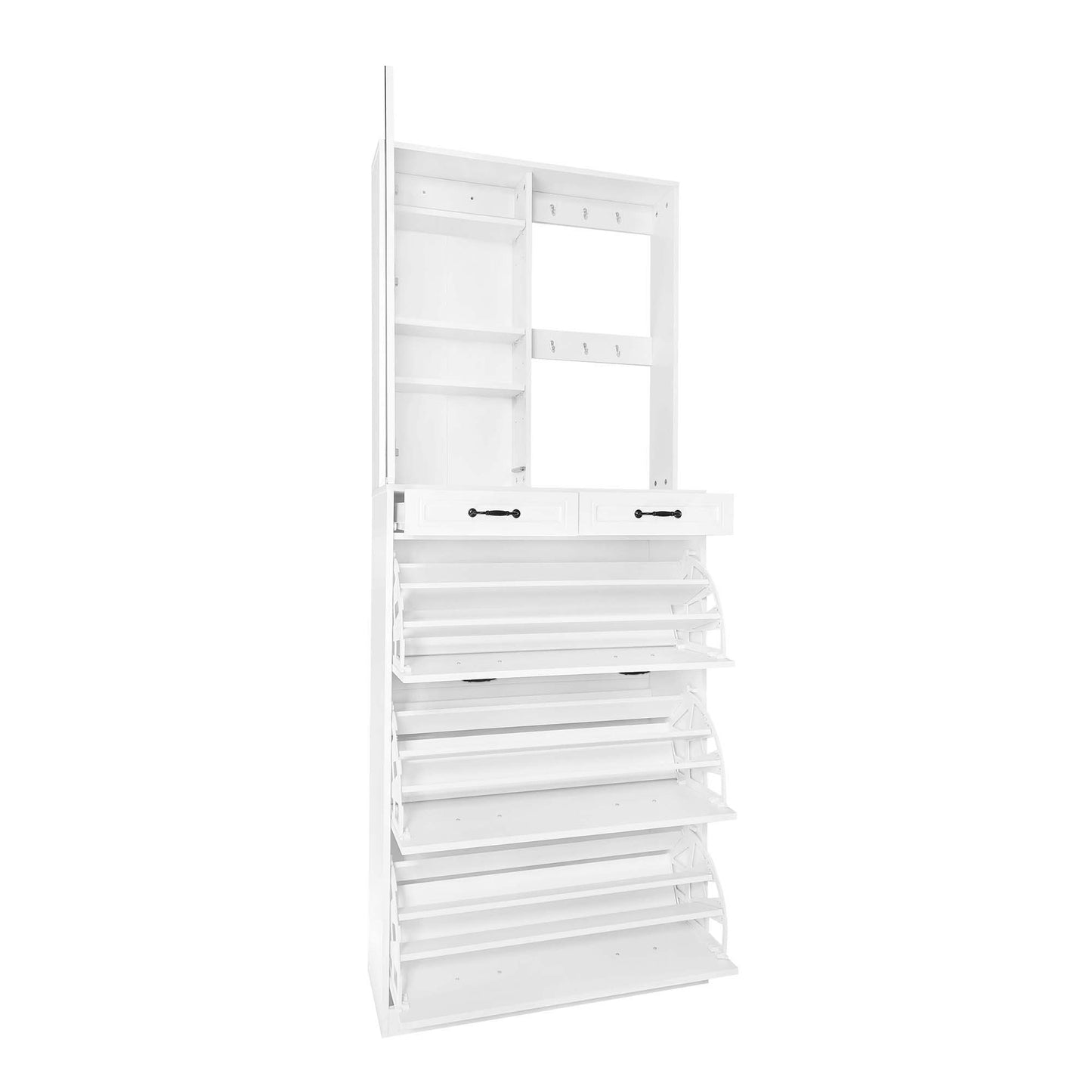 （缺货）ON-TREND Multi-functional Shoe Cabinet with 3 Flip Drawers, Elegant Hall Tree with Mirror, Freestanding Entryway Organizer Shoe Rack with 6 Hanging Hooks for Hallway, White