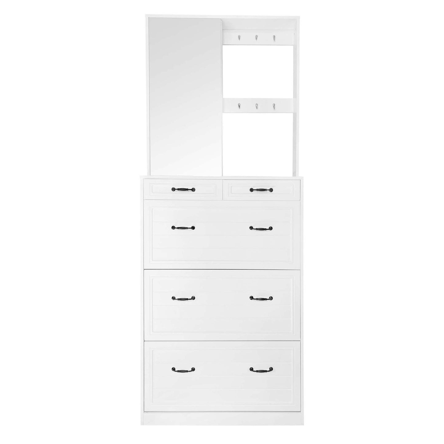 （缺货）ON-TREND Multi-functional Shoe Cabinet with 3 Flip Drawers, Elegant Hall Tree with Mirror, Freestanding Entryway Organizer Shoe Rack with 6 Hanging Hooks for Hallway, White