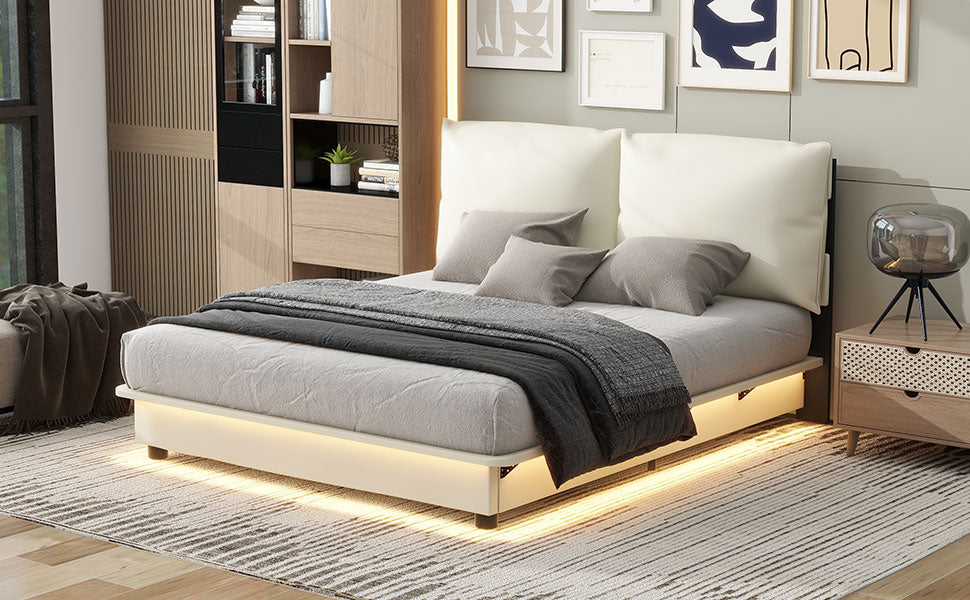 （缺货）Queen Size Upholstered Platform Bed with Sensor Light and Ergonomic Design Backrests, White