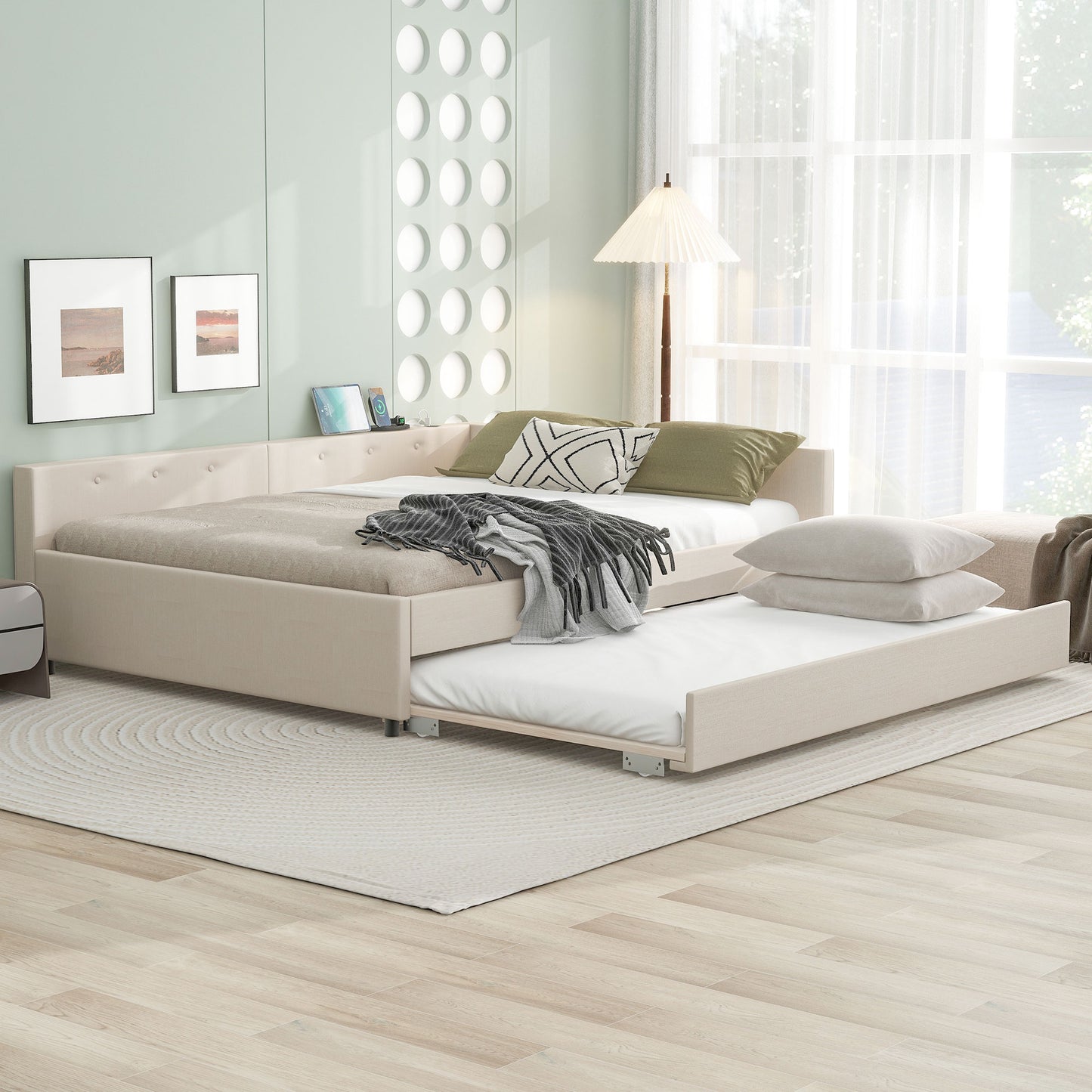 Queen Size Upholstered Platform Bed with USB and Twin Size Trundle, Beige