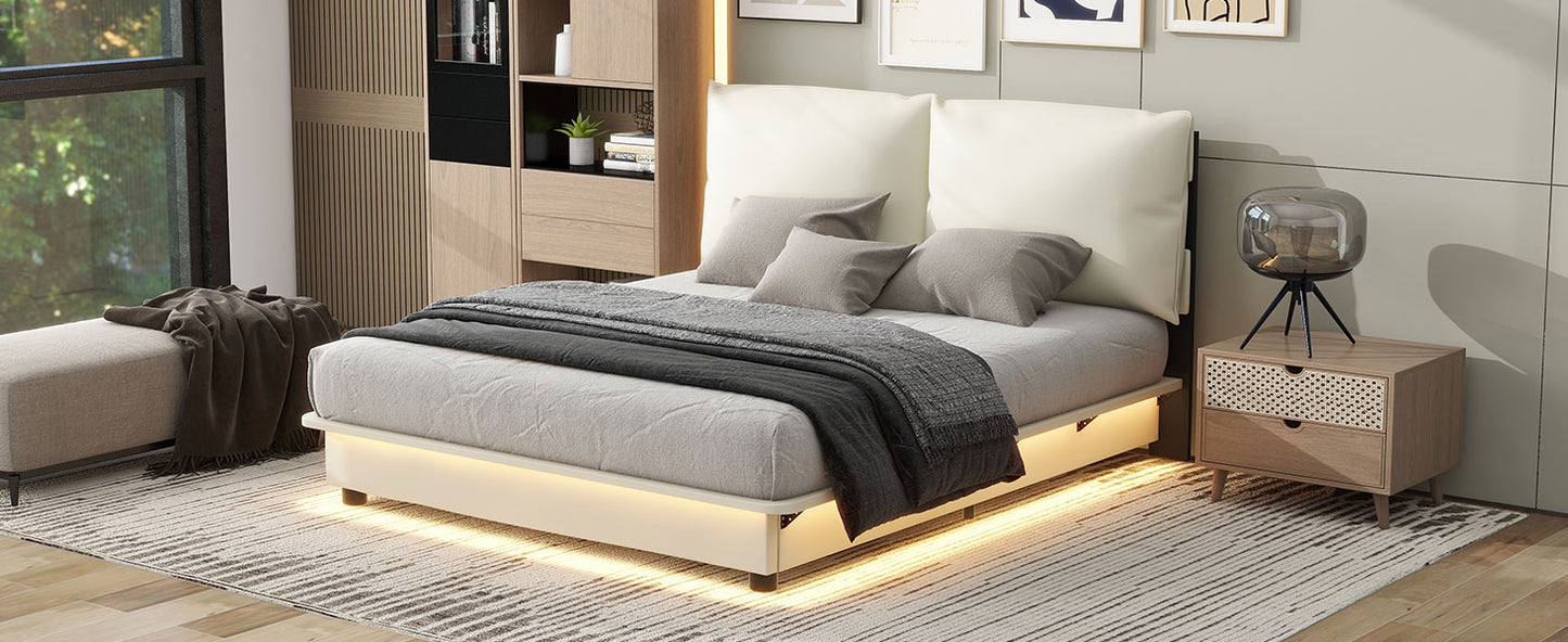 （缺货）Queen Size Upholstered Platform Bed with Sensor Light and Ergonomic Design Backrests, White