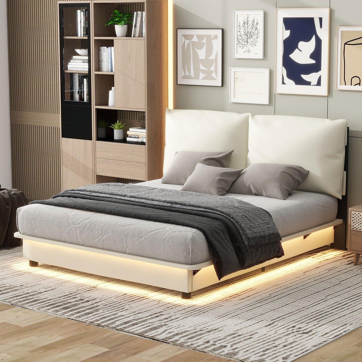 （缺货）Queen Size Upholstered Platform Bed with Sensor Light and Ergonomic Design Backrests, White