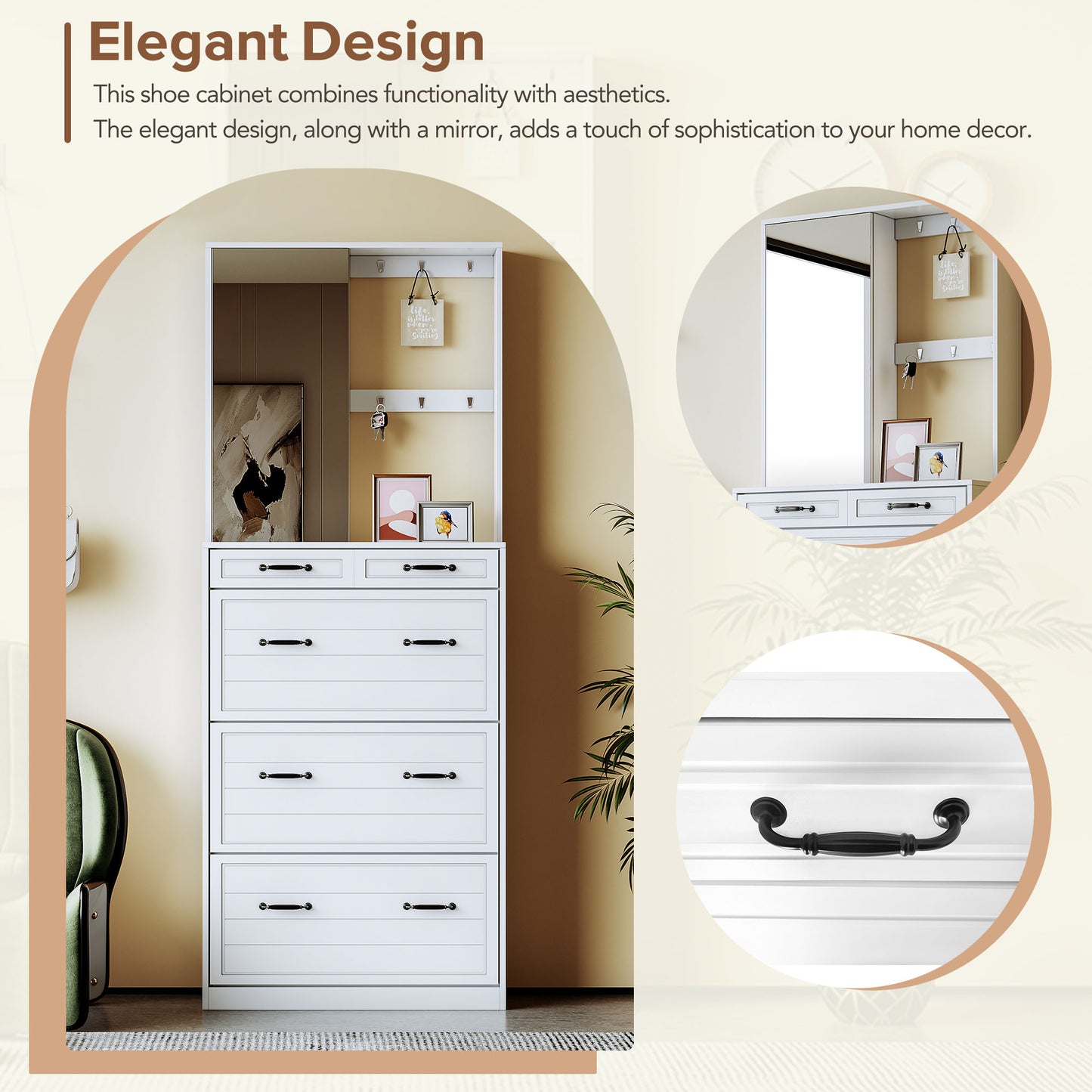 （缺货）ON-TREND Multi-functional Shoe Cabinet with 3 Flip Drawers, Elegant Hall Tree with Mirror, Freestanding Entryway Organizer Shoe Rack with 6 Hanging Hooks for Hallway, White