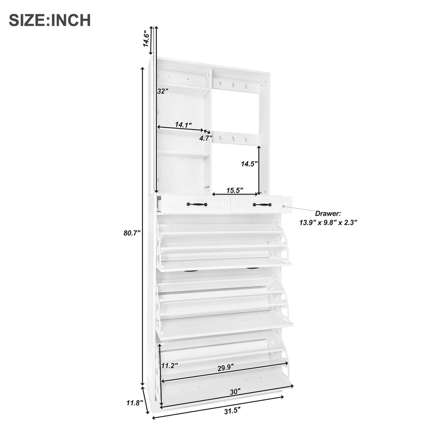 （缺货）ON-TREND Multi-functional Shoe Cabinet with 3 Flip Drawers, Elegant Hall Tree with Mirror, Freestanding Entryway Organizer Shoe Rack with 6 Hanging Hooks for Hallway, White