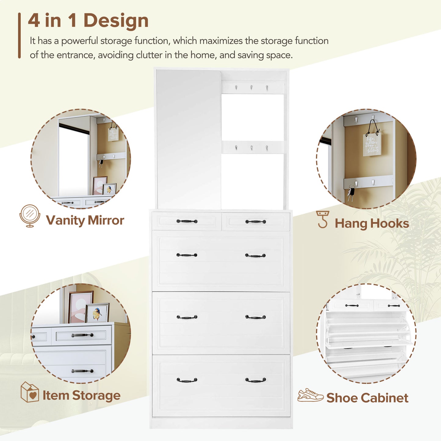 （缺货）ON-TREND Multi-functional Shoe Cabinet with 3 Flip Drawers, Elegant Hall Tree with Mirror, Freestanding Entryway Organizer Shoe Rack with 6 Hanging Hooks for Hallway, White