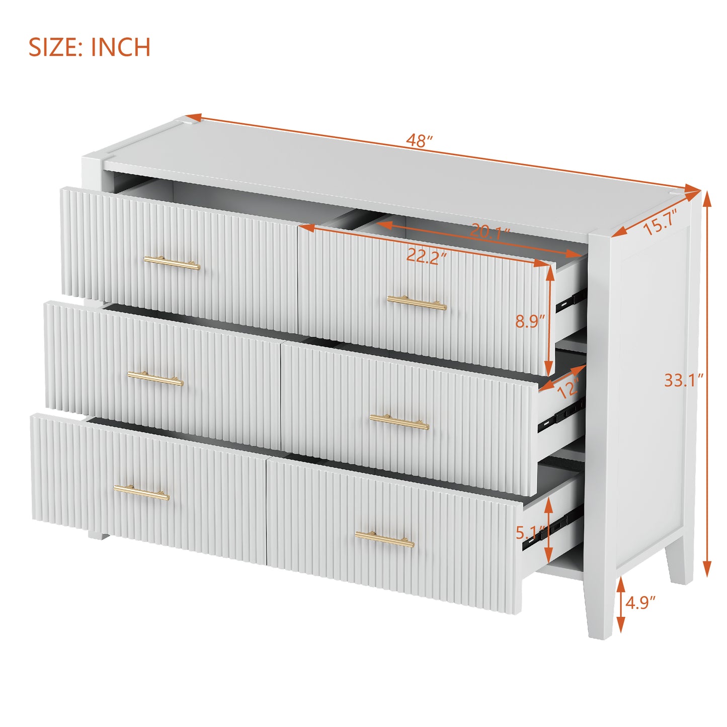 （缺货）6 Drawer Dresser with Metal Handle for Bedroom, Storage Cabinet with Vertical Stripe Finish Drawer, White(Passed ASTM F2057-23 Test)