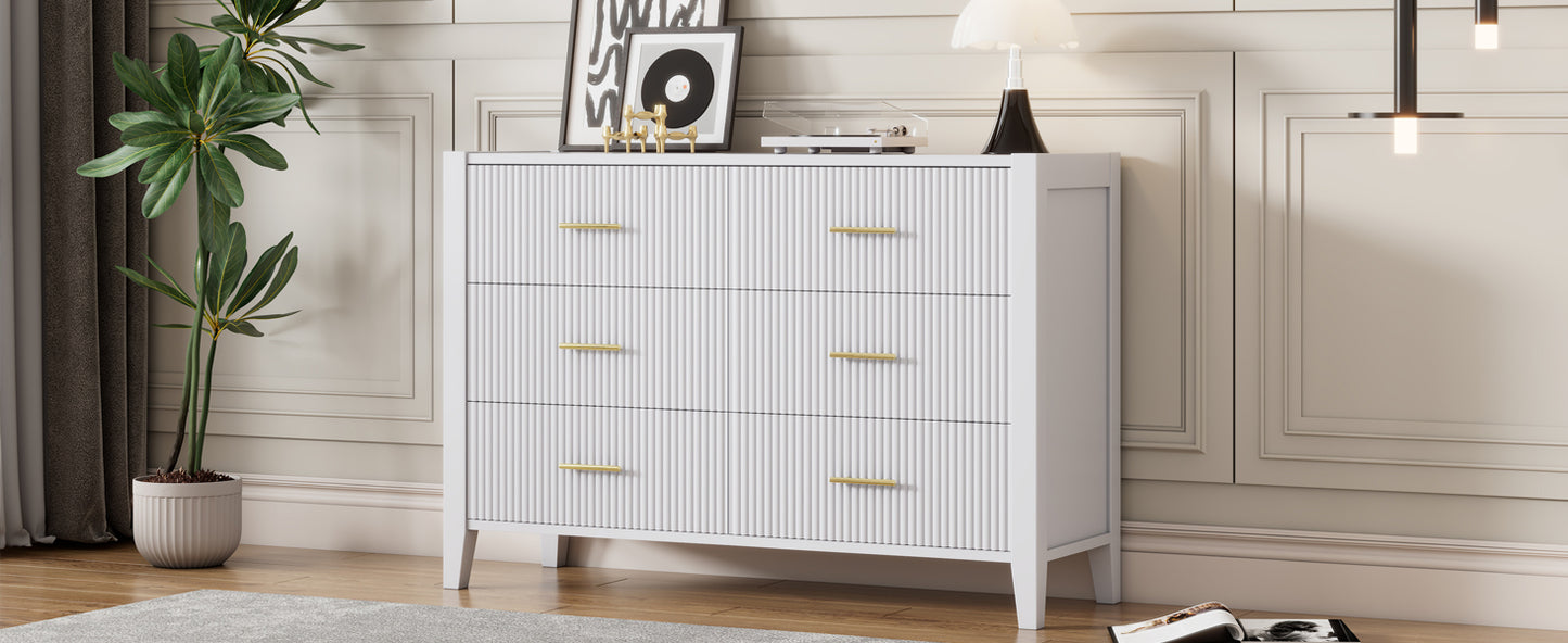 （缺货）6 Drawer Dresser with Metal Handle for Bedroom, Storage Cabinet with Vertical Stripe Finish Drawer, White(Passed ASTM F2057-23 Test)