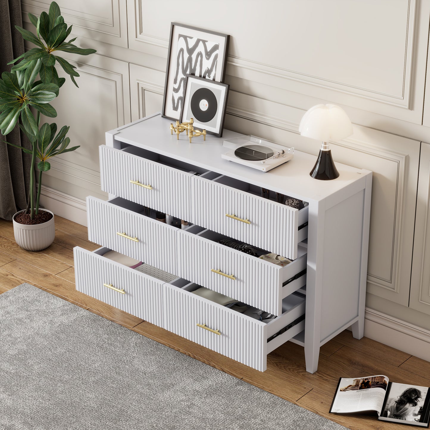 （缺货）6 Drawer Dresser with Metal Handle for Bedroom, Storage Cabinet with Vertical Stripe Finish Drawer, White(Passed ASTM F2057-23 Test)