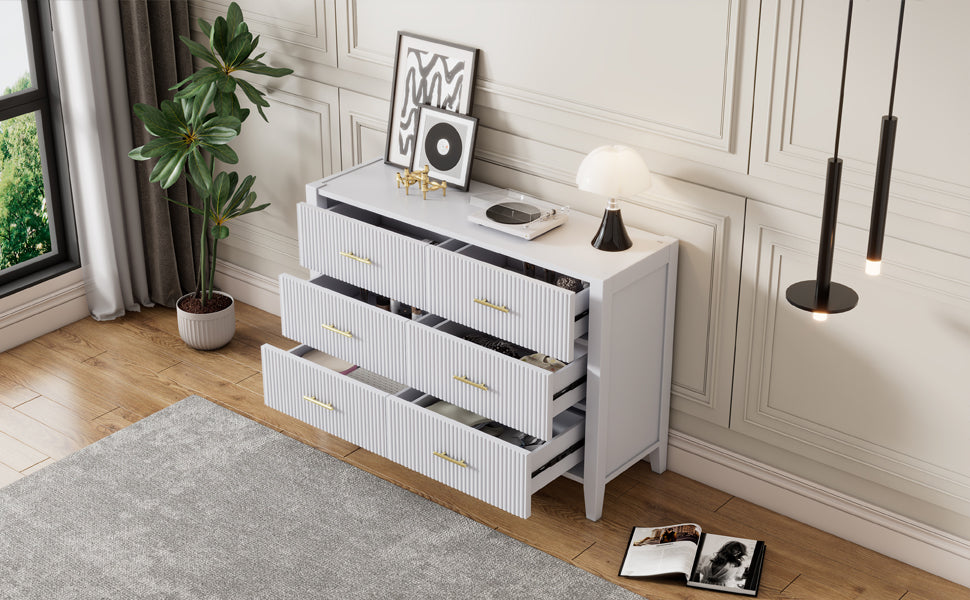 （缺货）6 Drawer Dresser with Metal Handle for Bedroom, Storage Cabinet with Vertical Stripe Finish Drawer, White(Passed ASTM F2057-23 Test)