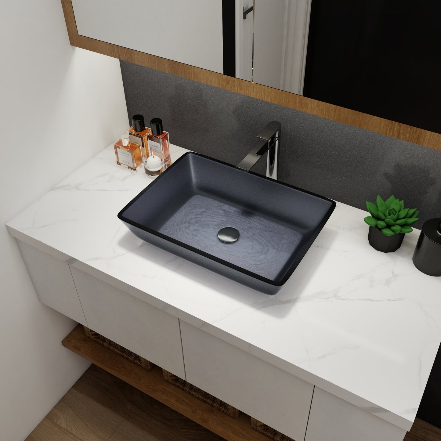 Tempered Glass Matte Bathroom Vessel Sink, Rectangle Bathroom Basin (Tempered Glass Matt Gray)