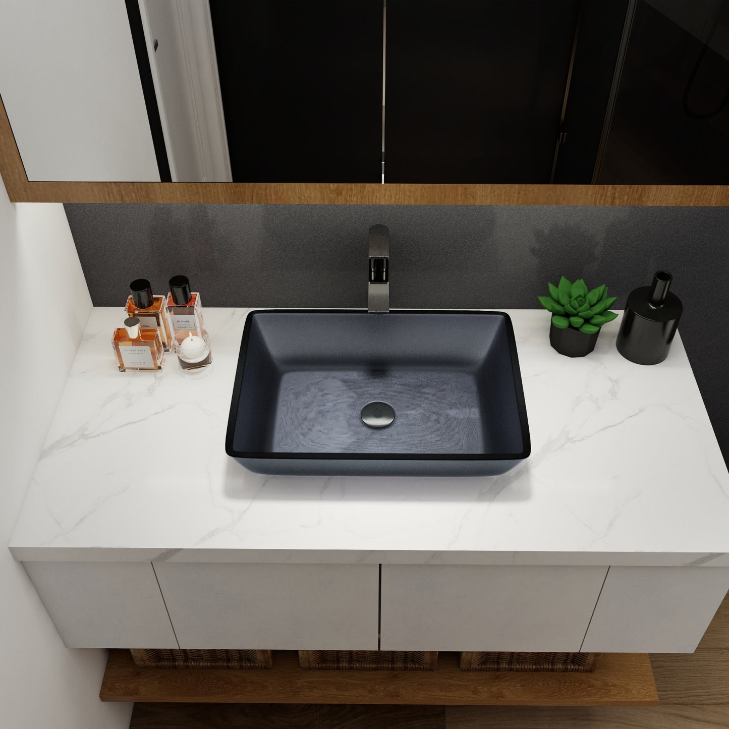 Tempered Glass Matte Bathroom Vessel Sink, Rectangle Bathroom Basin (Tempered Glass Matt Gray)