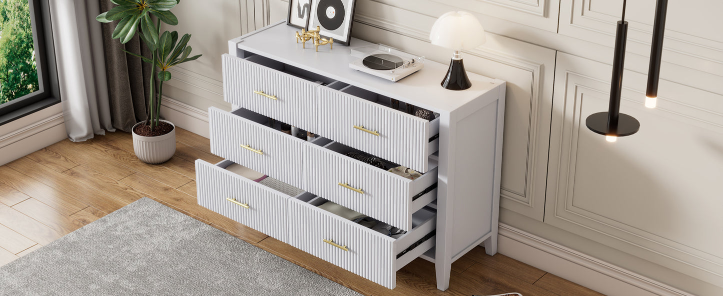 （缺货）6 Drawer Dresser with Metal Handle for Bedroom, Storage Cabinet with Vertical Stripe Finish Drawer, White(Passed ASTM F2057-23 Test)