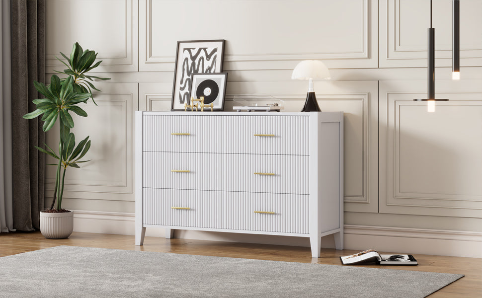 （缺货）6 Drawer Dresser with Metal Handle for Bedroom, Storage Cabinet with Vertical Stripe Finish Drawer, White(Passed ASTM F2057-23 Test)