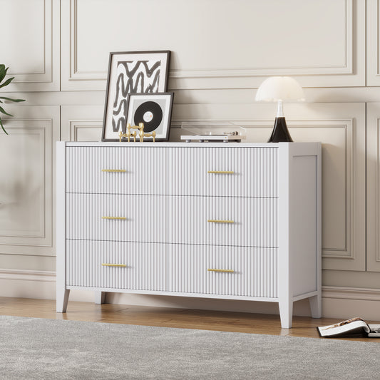 （缺货）6 Drawer Dresser with Metal Handle for Bedroom, Storage Cabinet with Vertical Stripe Finish Drawer, White(Passed ASTM F2057-23 Test)