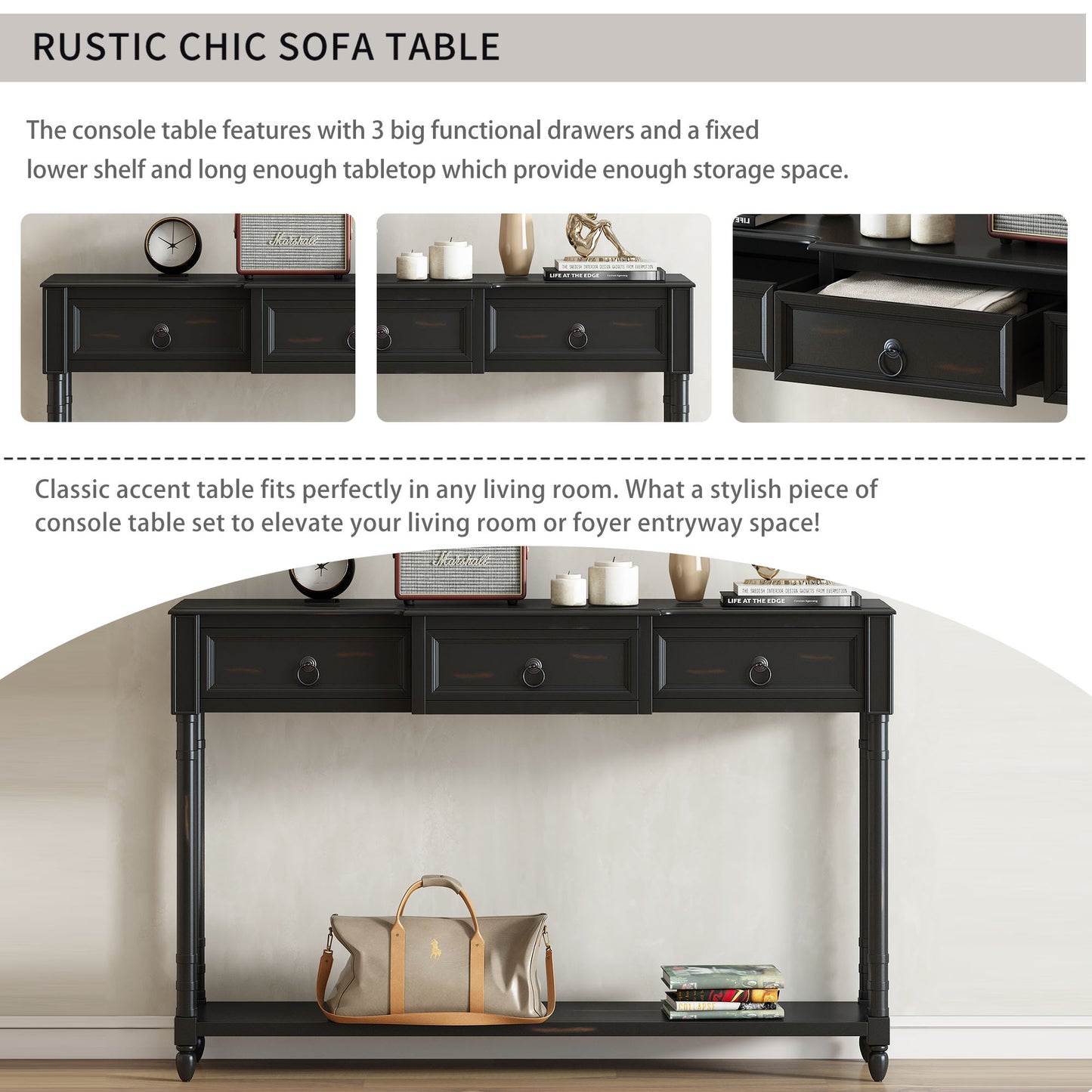 TREXM Console Table Sofa Table with Drawers for Entryway with Projecting Drawers and Long Shelf (Espresso, OLD SKU: WF189574AAB)