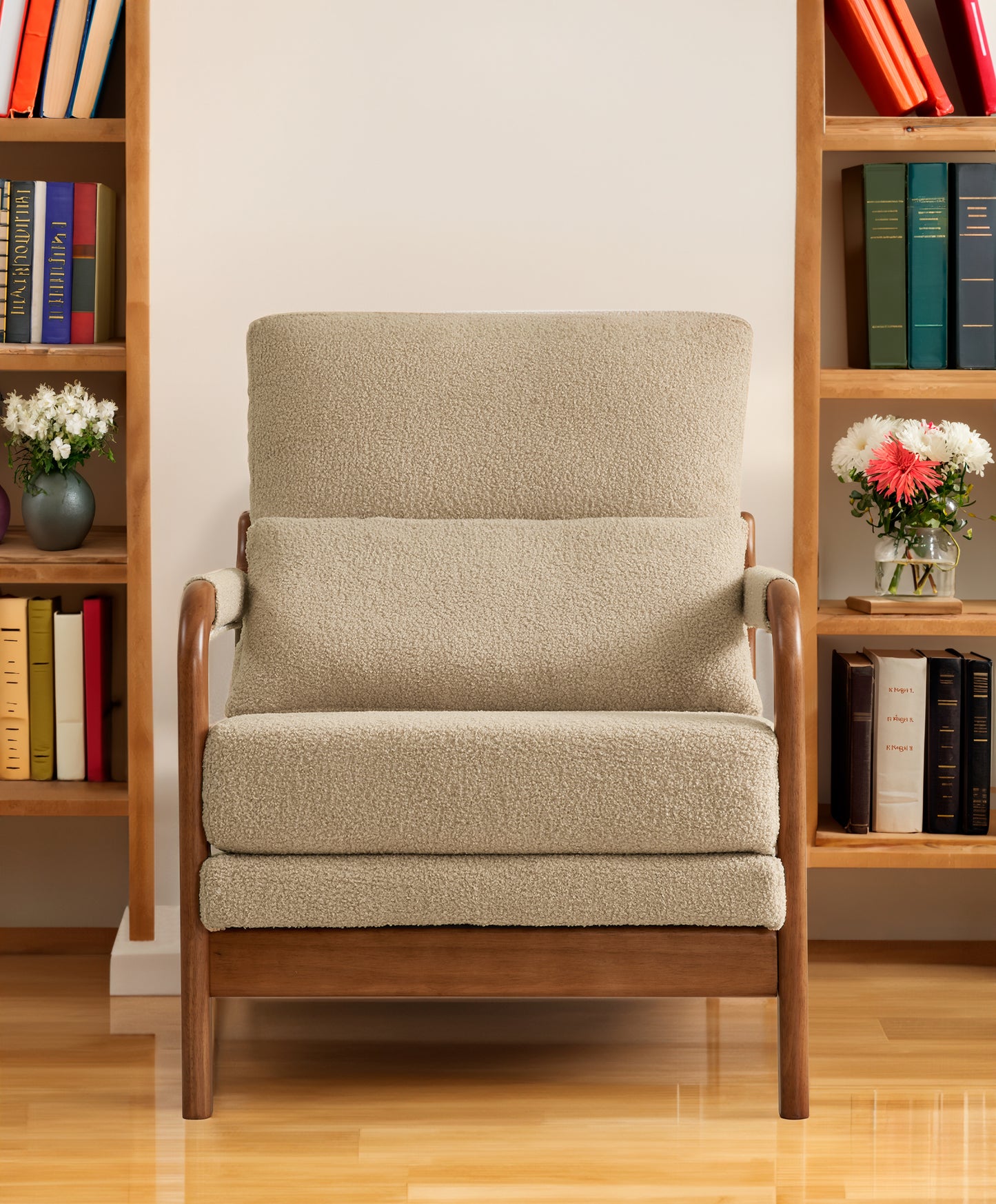 （缺货）Modern Teddy Fabric Accent Chair, Oak Wood Frame Armchair for Living Room