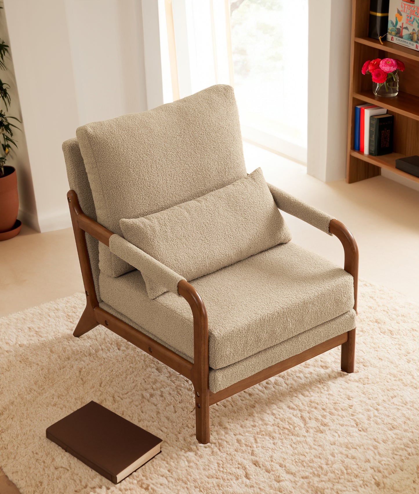 （缺货）Modern Teddy Fabric Accent Chair, Oak Wood Frame Armchair for Living Room