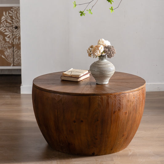 31.50"Vintage Style Bucket Shaped Coffee Table with storage function, for Office, Dining Room and Living Room, Brown