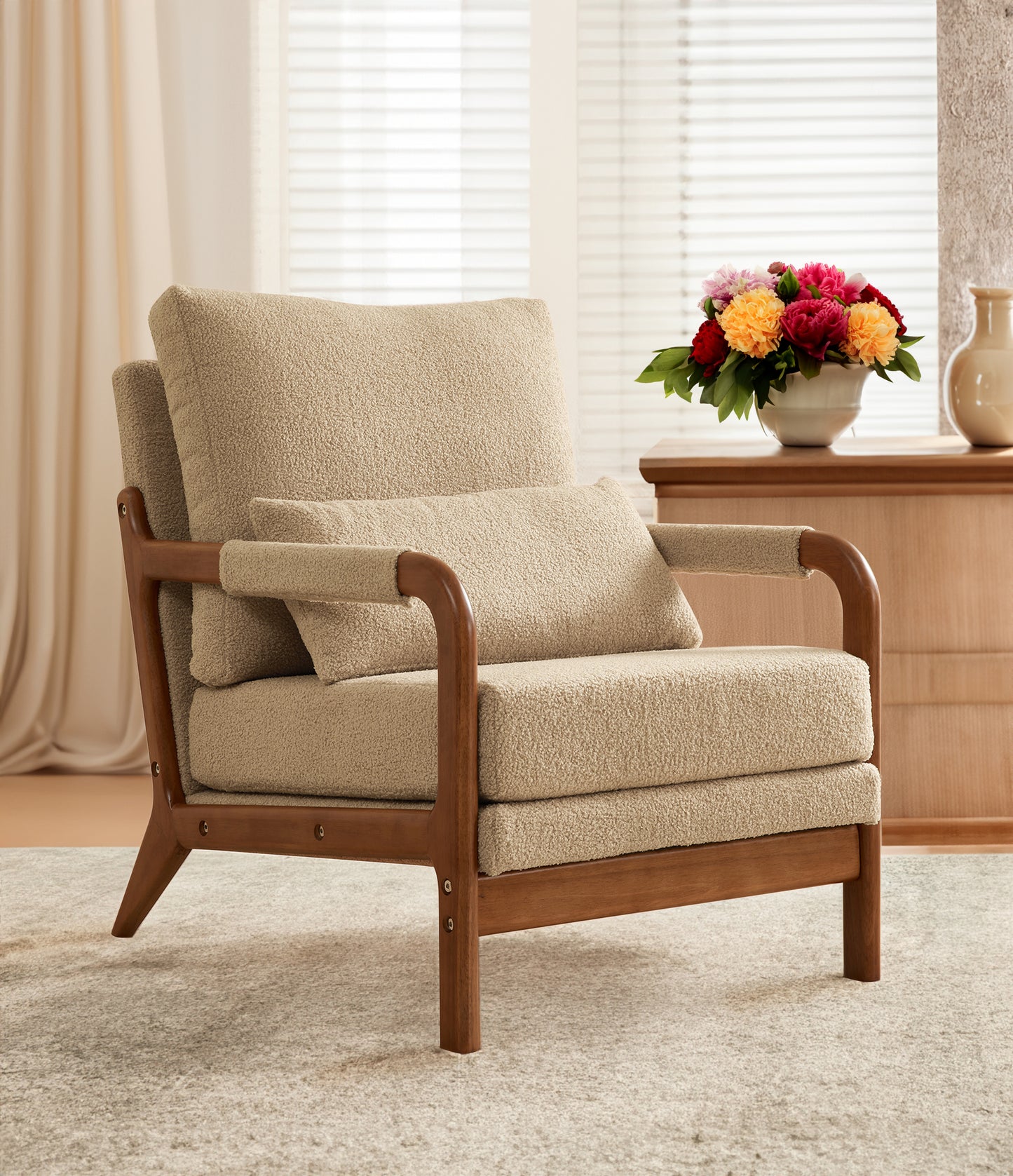 （缺货）Modern Teddy Fabric Accent Chair, Oak Wood Frame Armchair for Living Room