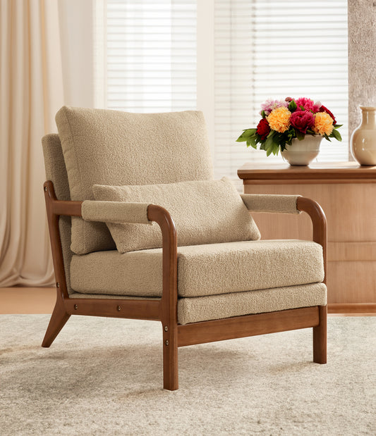 Modern Teddy Fabric Accent Chair, Oak Wood Frame Armchair for Living Room