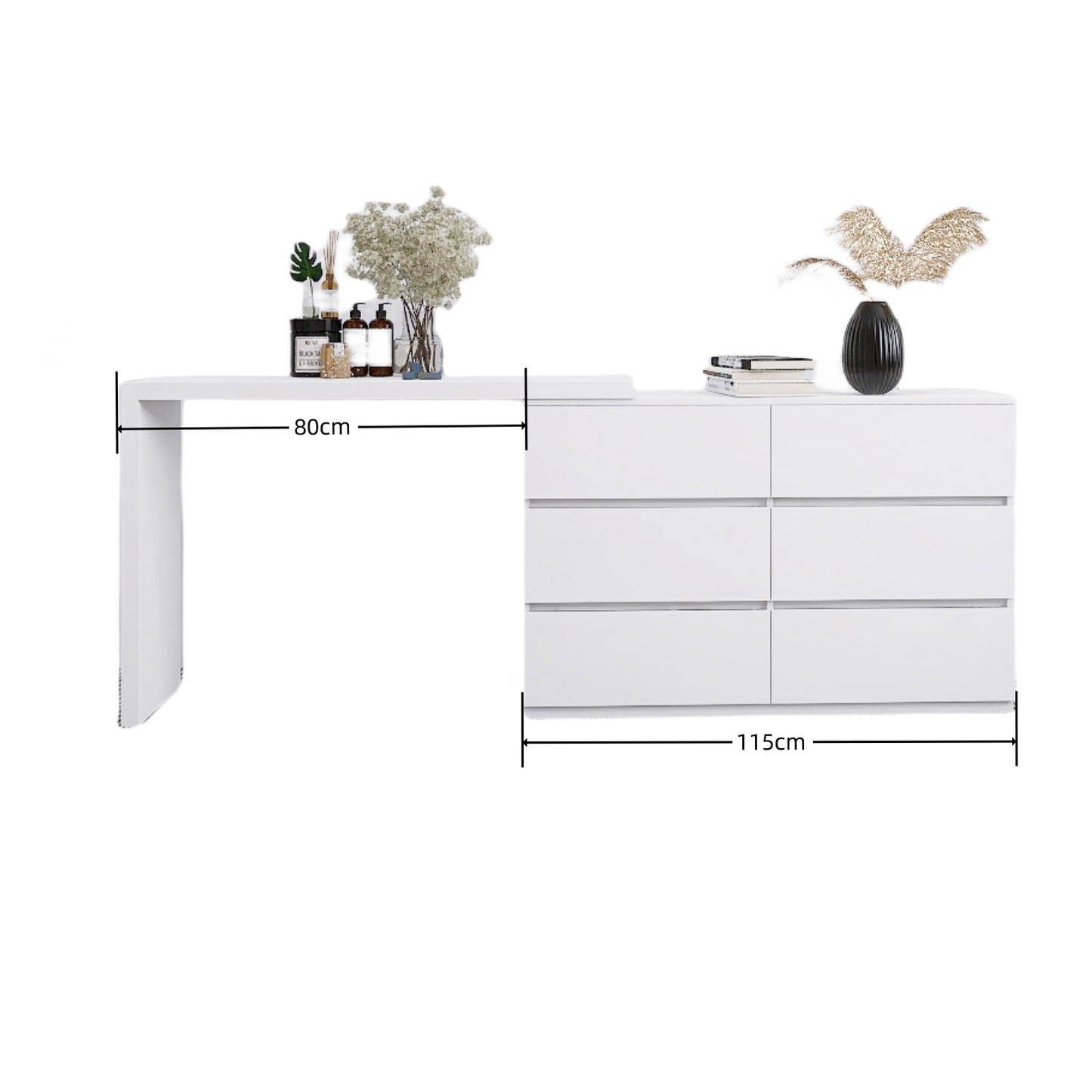 Extended Desktop 6 Drawers Chest of Drawer without Handle White Color Vanity