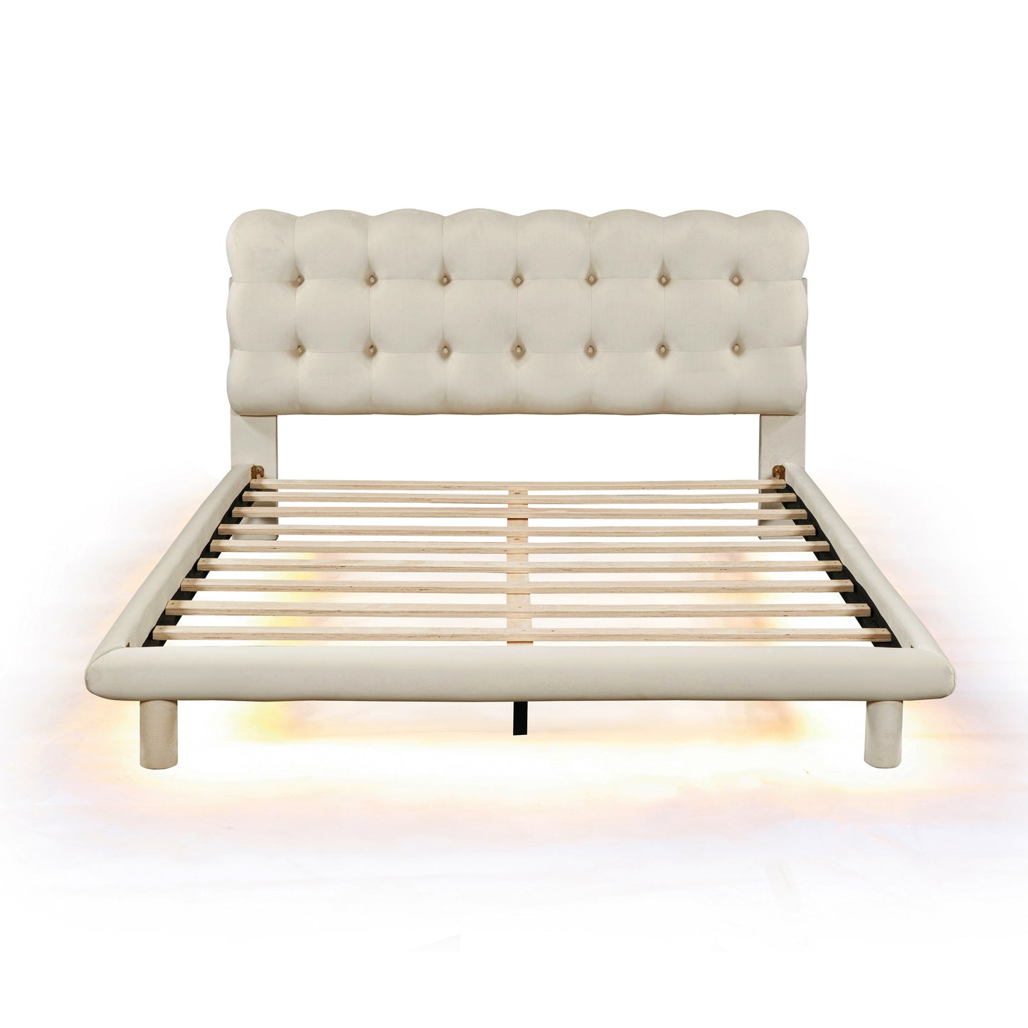 Queen Size Velvet Platform Bed with LED Frame, Thick & Soft Fabric and Button-tufted Design Headboard, Beige