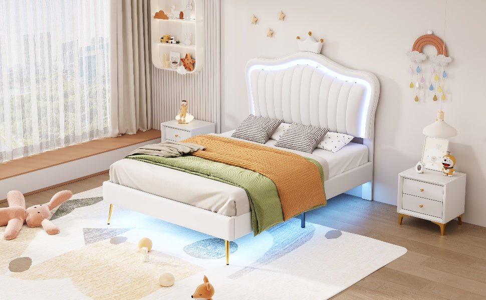 Twin Size Upholstered Bed Frame with LED Lights, Modern Upholstered Princess Bed With Crown Headboard,White