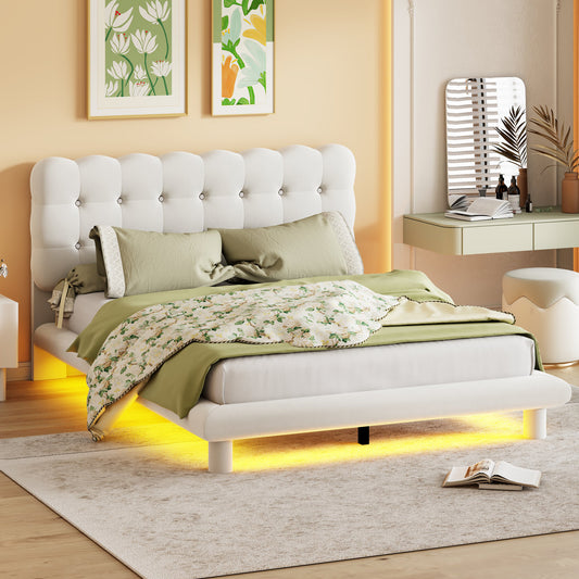 Queen Size Velvet Platform Bed with LED Frame, Thick & Soft Fabric and Button-tufted Design Headboard, Beige