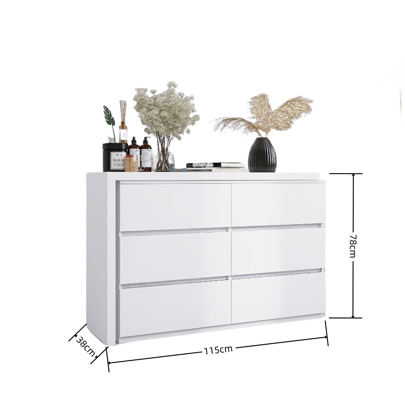 Extended Desktop 6 Drawers Chest of Drawer without Handle White Color Vanity