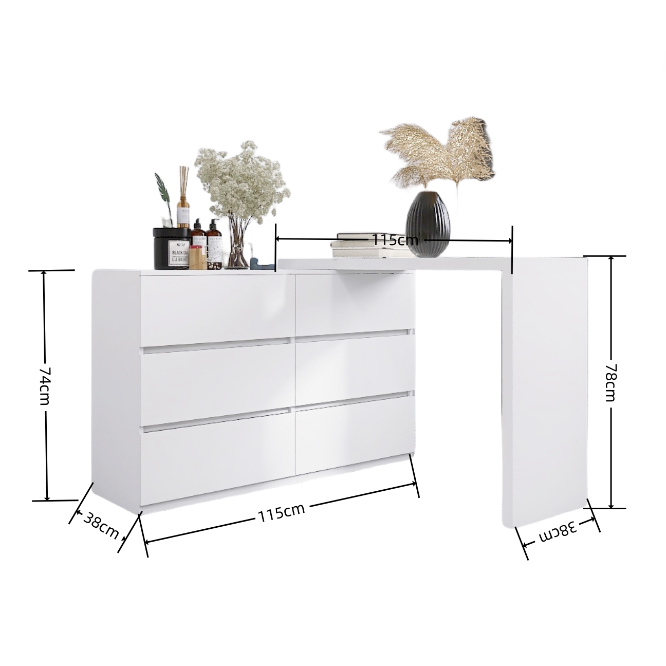 Extended Desktop 6 Drawers Chest of Drawer without Handle White Color Vanity