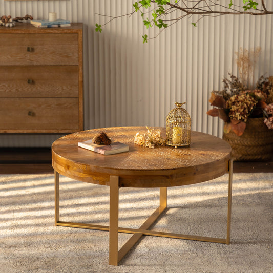 33.86"Modern Retro Splicing Round Coffee Table,Fir Wood Table Top with Gold Cross Legs Base