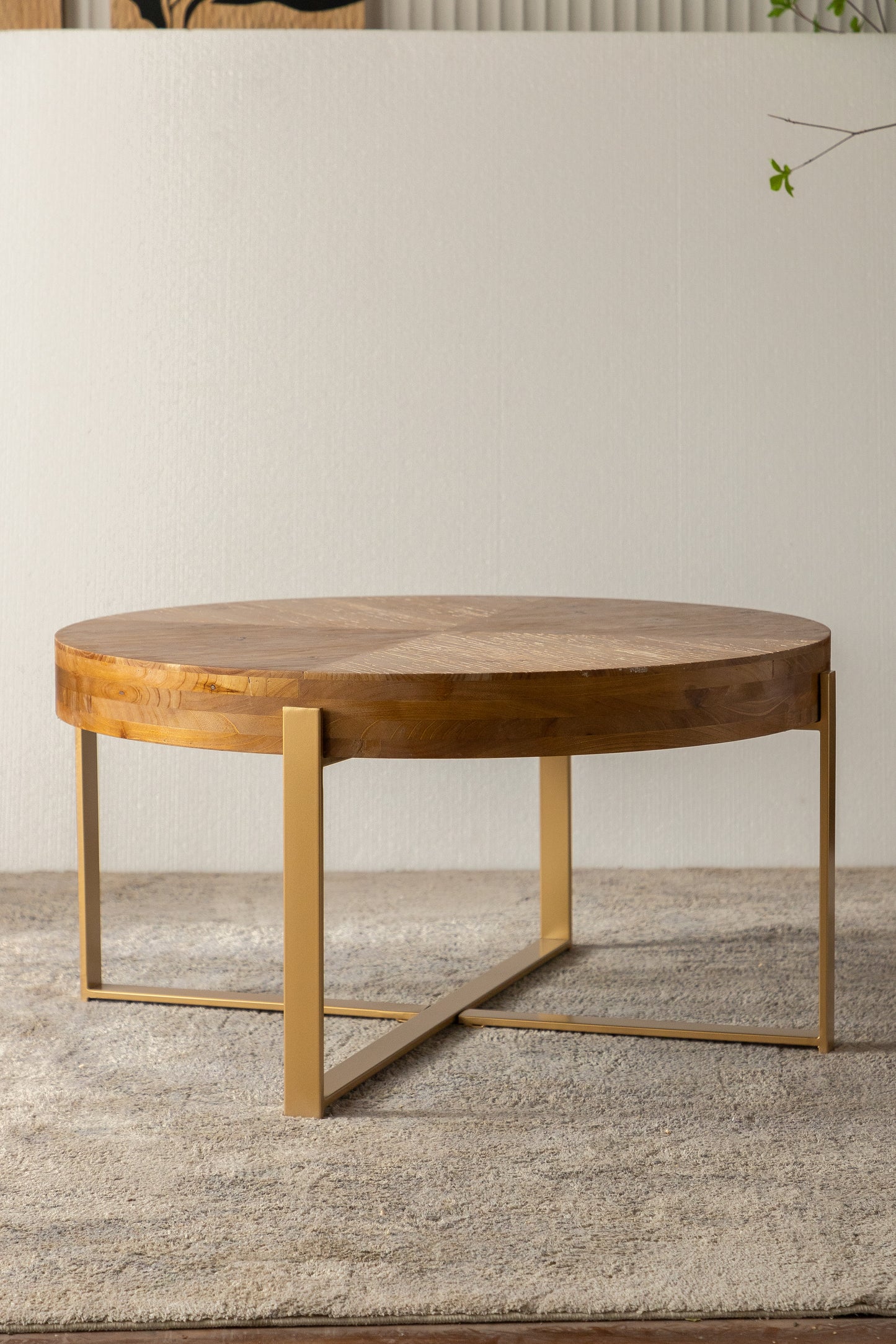 33.86"Modern Retro Splicing Round Coffee Table,Fir Wood Table Top with Gold Cross Legs Base