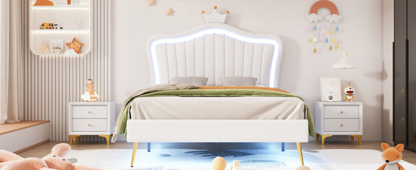 Twin Size Upholstered Bed Frame with LED Lights, Modern Upholstered Princess Bed With Crown Headboard,White