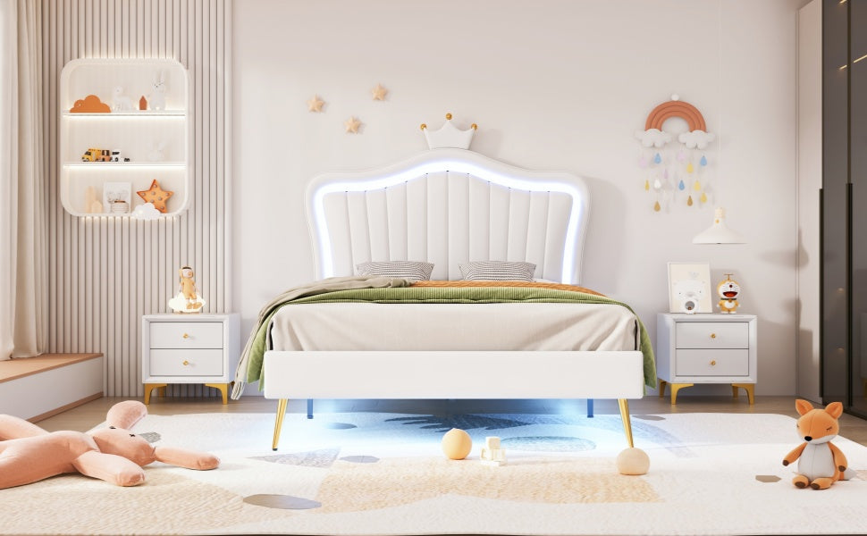 Twin Size Upholstered Bed Frame with LED Lights, Modern Upholstered Princess Bed With Crown Headboard,White