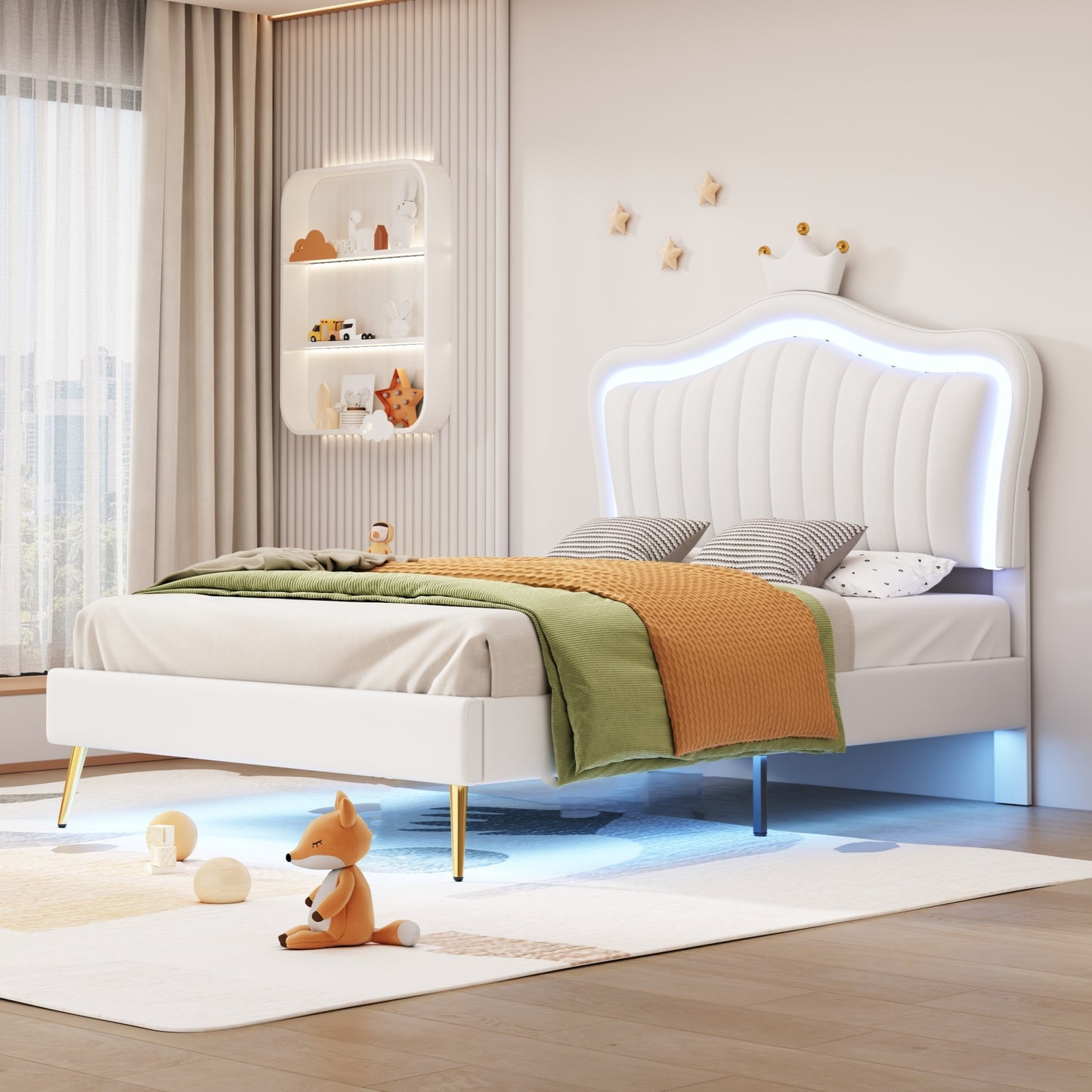 Twin Size Upholstered Bed Frame with LED Lights, Modern Upholstered Princess Bed With Crown Headboard,White