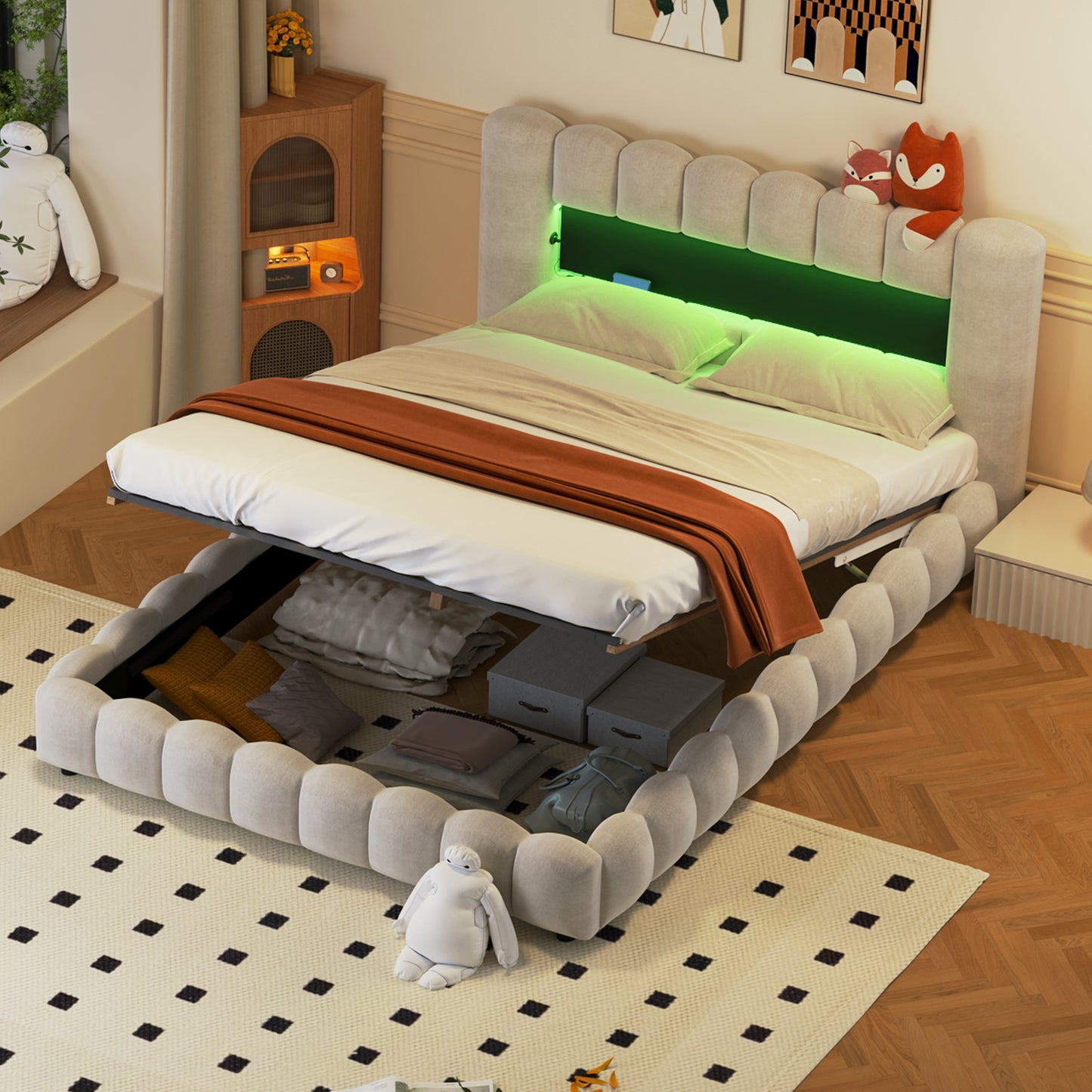 （缺货，同款深灰色有货）Queen Size Upholstered Platform Bed with LED Headboard and USB, Beige