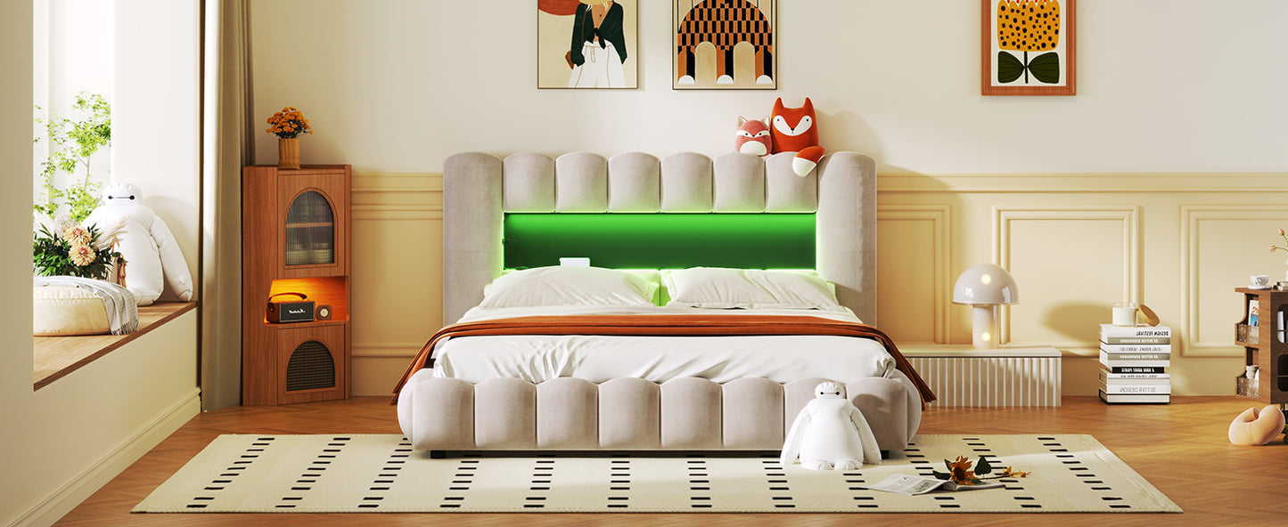 （缺货，同款深灰色有货）Queen Size Upholstered Platform Bed with LED Headboard and USB, Beige