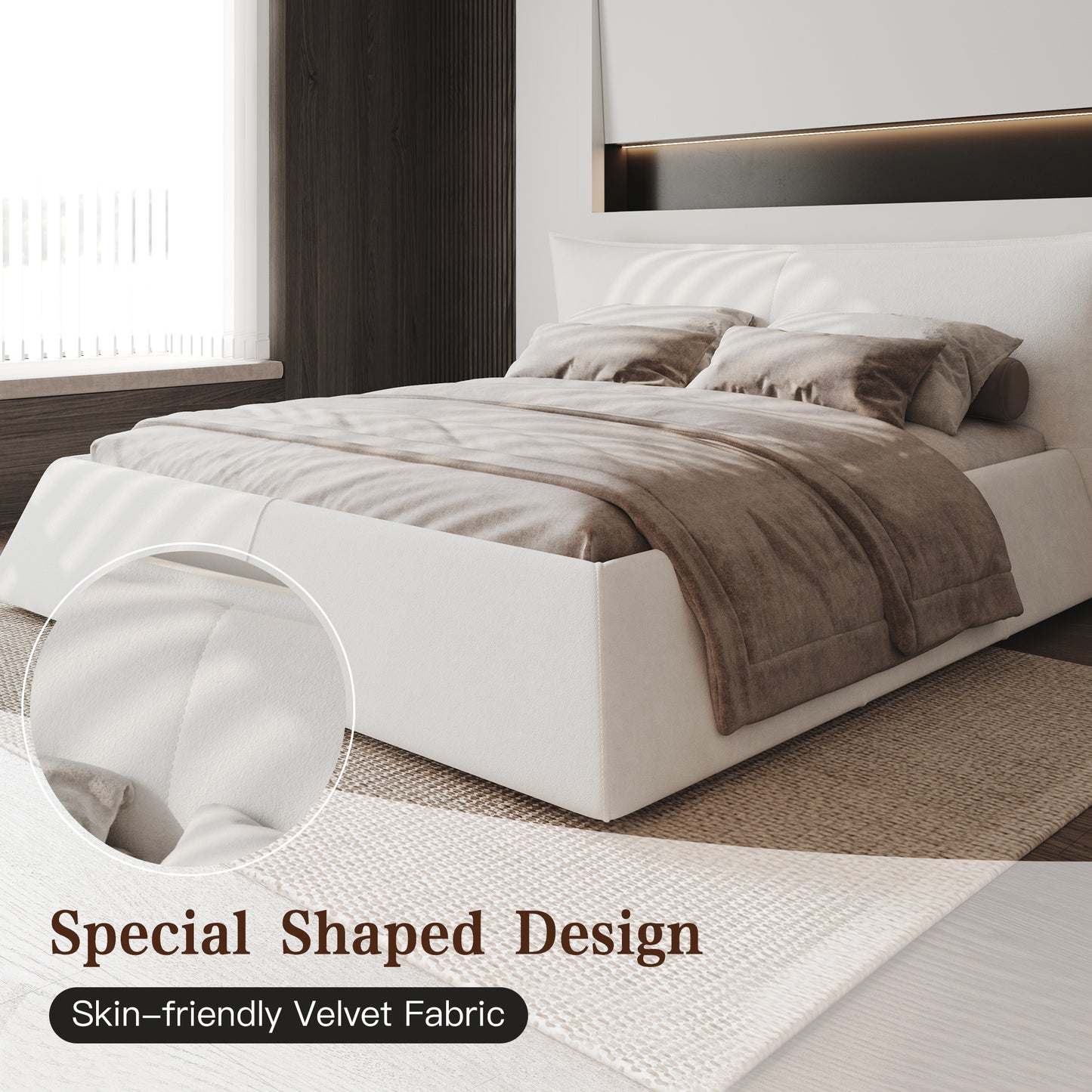 King Size Upholstered Platform Bed with Special Shaped Velvet Headboard, Metal & Solid Wood Frame,Cream