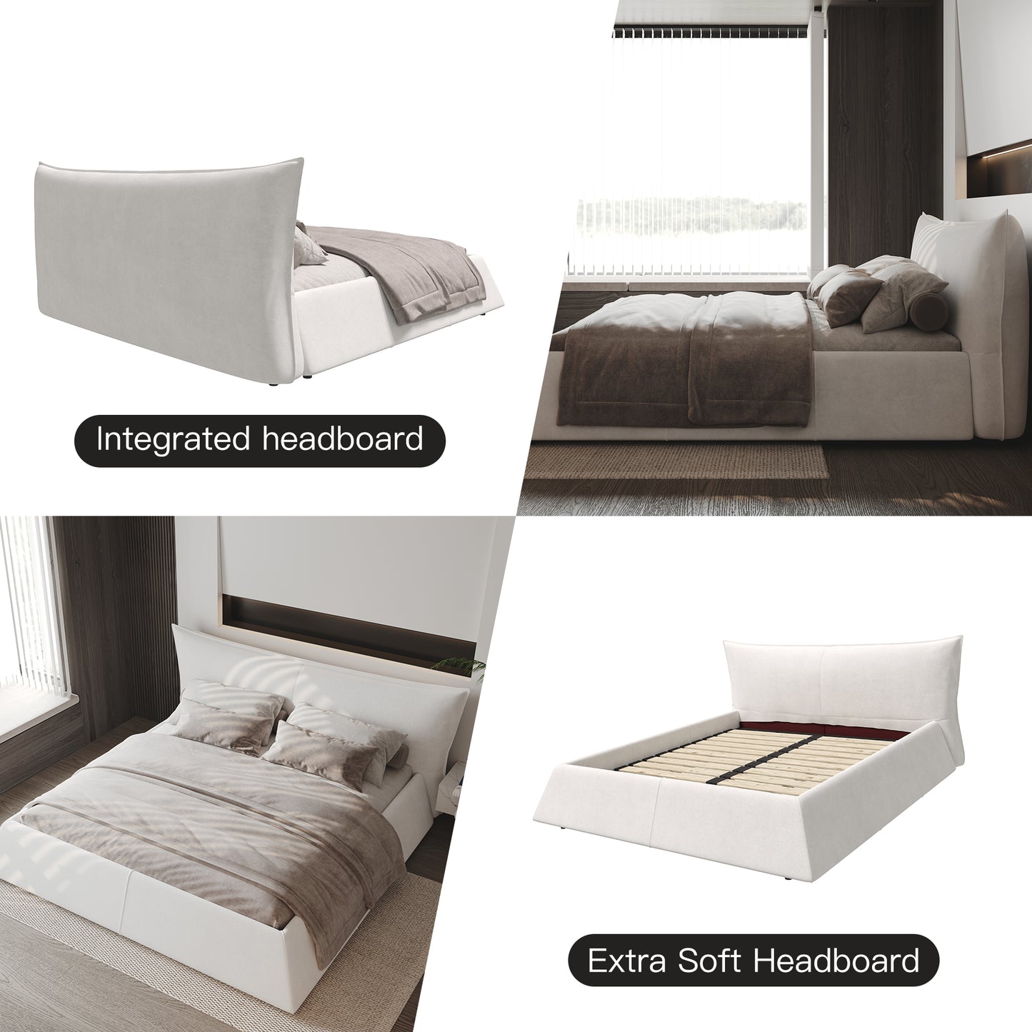 King Size Upholstered Platform Bed with Special Shaped Velvet Headboard, Metal & Solid Wood Frame,Cream