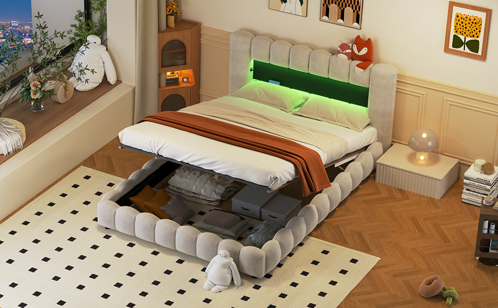 （缺货，同款深灰色有货）Queen Size Upholstered Platform Bed with LED Headboard and USB, Beige